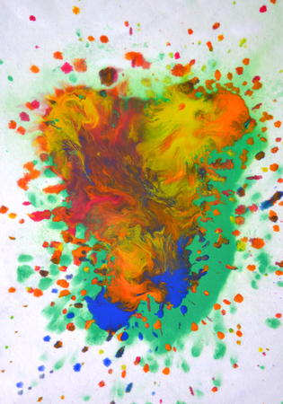 Isolated large patches spots blots of splash of mixed colors on a white background. Divorces and paint drips red, orange, yellow, blue blurred abstract background on a white paper background surfaceの写真素材