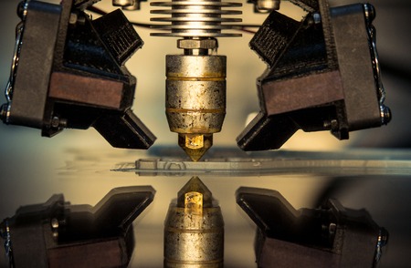 3D printer print isolated objects on mirror reflective surface close-up. Modern 3D printing technologyの写真素材