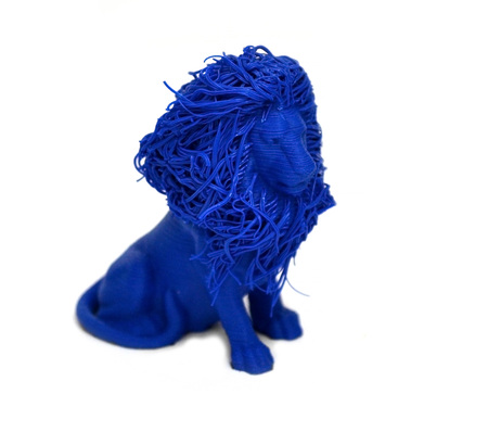 Objects printed by 3d printer Isolated on white background. Bright colorful object. Toy lion of blue...