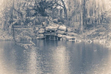 Vintage photo park with a lake or a pond and treesの写真素材