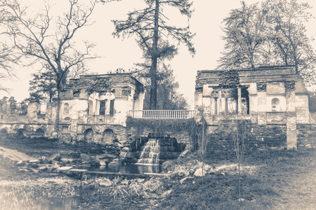 Vintage photo park with ancient ruins and a treeの写真素材