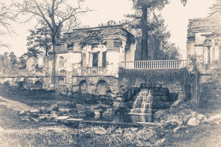 Vintage photo park with ancient ruins and a treeの写真素材