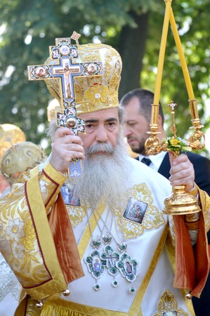 Kiev, Ukraine, celebration liturgy in honor of the baptism of Rus in Kiev Pechersk Lavra - 27 July 2013 -: Portrait Theophilus III Patriarch of Jerusalemのeditorial素材