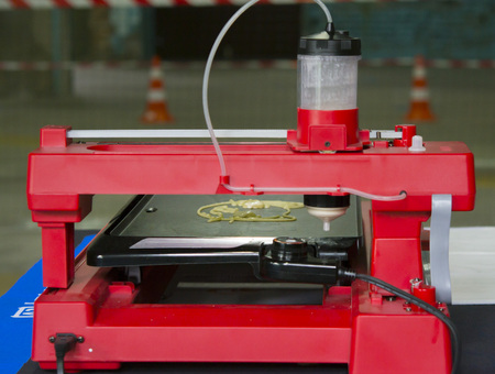 3d printer for liquid test. 3D printer printing pancakes with liquid dough different shapes...