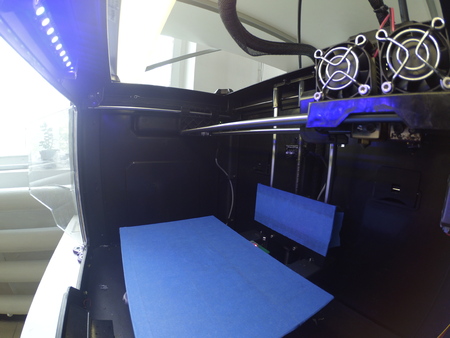 Blank 3d printer inside close-up. Action camera go pro. Wide angle