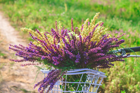 Bicycle with a bouquet of wildflowers in a basket in front of handlebar on a background of green grass in fieldの写真素材