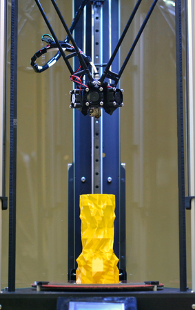 model vase inside 3d printer bottom view close-up. Progressive modern additive technologies 4.0...