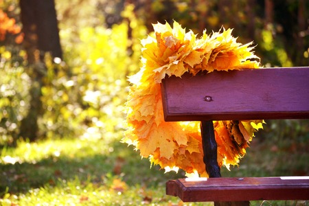 wreath of yellow leaves hanging on a brown bench in the parkの写真素材