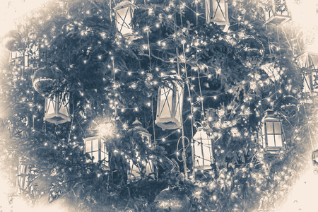 Photo in old vintage style. Christmas tree decoration background with a glowing garland. Backdrop Christmas Winter New Year background.の写真素材