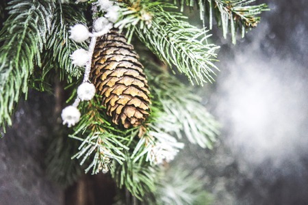 Natural Christmas New Years toy pine cone and Christmas tree branch close-up. Snowfall, falling snowflakes, spots white color. Winter Christmas New Year background.の写真素材