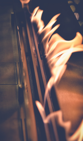 Modern bio fireplot fireplace on ethanol gas. Smart ecological alternative technologies. Contemporary biofuel on ethanol close-up. Energy saving innovation. Interior inside a houseの写真素材