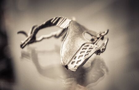 Object printed on metal 3d printer close-up. Object printed in laser sintering machine. Modern 3D printer printed from metal powder. Concept progressive additive DMLS, SLM, SLSの写真素材