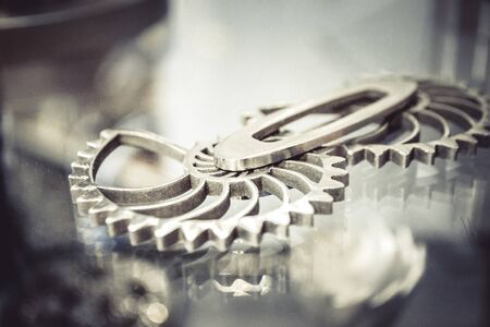 Object printed on metal 3d printer close-up. Object printed in laser sintering machine. Modern 3D printer printing from metal powder. Concept progressive additive DMLS, SLM, SLSの写真素材