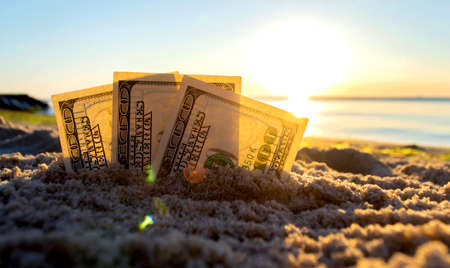 Three dollar bills are buried in sand on sandy beach near sea at sunset dawnの写真素材