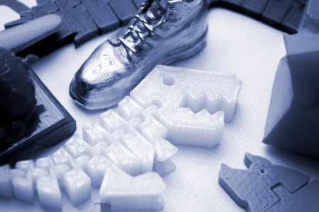 Many bright multi-colored objects printed on 3d printer lie on flat surfaceの写真素材