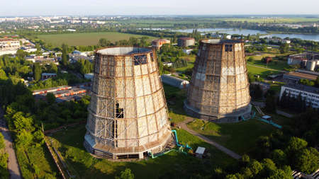 Aerial drone view flight near thermal power plant. Cooling towers of CHPの写真素材