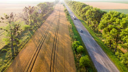 Aerial drone view flight over highway, wheat field and green trees at sunsetの写真素材