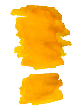 Yellow watercolor stain from brush strokes isolated on white backgroundの写真素材