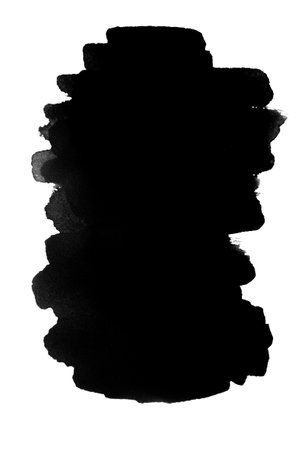 Black watercolor stain from brush strokes isolated on white background.の写真素材