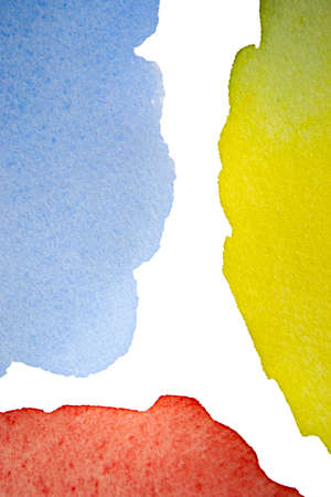 Yellow blue red watercolor stain from brush strokes isolated on white backgroundの写真素材