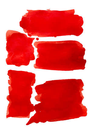 Red watercolor stain from brush strokes isolated on white backgroundの写真素材