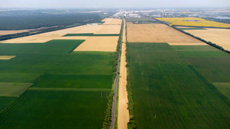 Aerial drone view flight over different yellow and green agricultural fieldsの写真素材