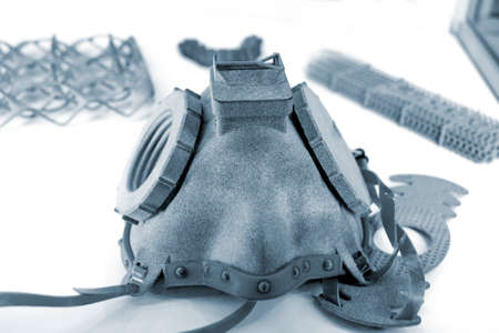 Gray respirator model printed on 3d printer from powder polyamide close-upの写真素材