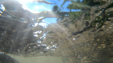 Abstract blurred background view of flowing water in river from below.の写真素材