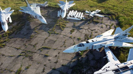 Aerial drone view flight over old rusty broken plane aircraft.の写真素材