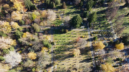 Arial drone view flight over old cemetery with tombstones, gravestones, arrowsの写真素材