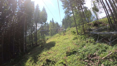 Cable car movement in the forestの写真素材