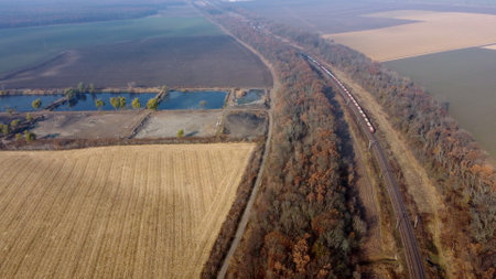Panoramic Moving Freight Train Along Railway Tracks, Trees Agricultural Fieldsの写真素材