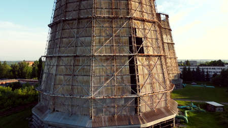 Aerial drone view flight near thermal power plant. Cooling towers of CHPの写真素材