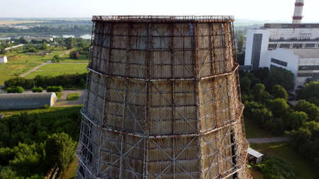 Aerial drone view flight near thermal power plant. Cooling towers of CHPの写真素材