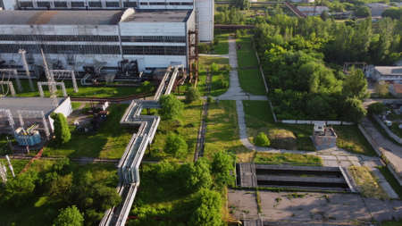 Aerial drone view flight near thermal power plant. Cooling towers of CHPの写真素材