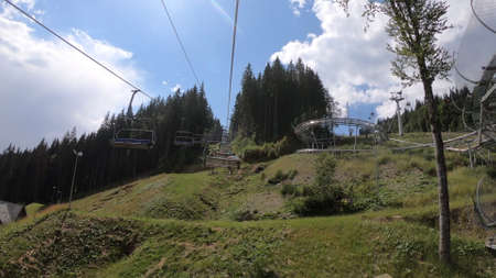 Cable car movement in the forestの写真素材