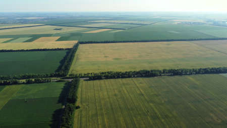 Aerial drone view flight over different agricultural fieldsの写真素材