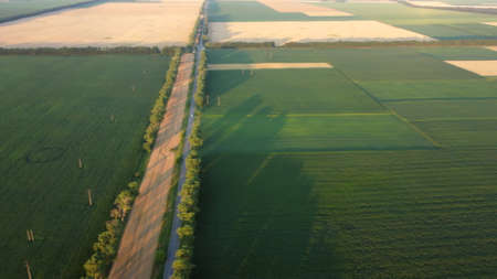 Drone flying over road between different agricultural fields during dawn sunset.の写真素材
