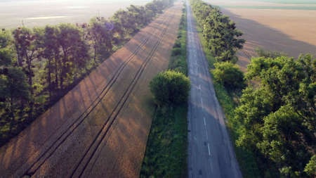 Aerial drone view flight over highway wheat field and green trees at sunset dawnの写真素材