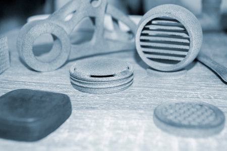 Different objects printed on industrial powder 3D printer. Multi Jet Fusion MJF
