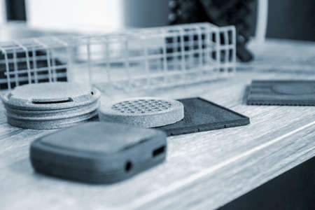 Different Abstract objects printed on powder 3D printer. Multi Jet Fusion MJFの写真素材