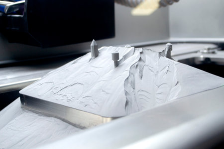 Surface with printed objects on metal 3D printer, covered metal powderの写真素材