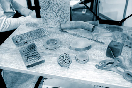 Gray abstract models printed on 3d printer from powder close-up.の写真素材