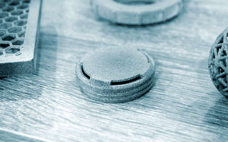 Different Abstract objects printed on powder 3D printer. Multi Jet Fusion MJF.