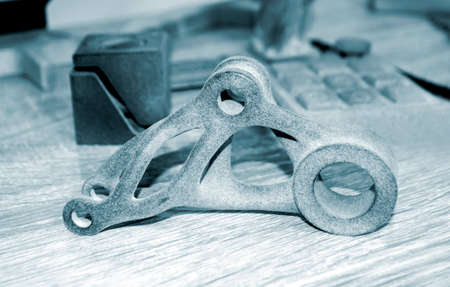 Gray abstract models printed on 3d printer from powder close-up.の写真素材