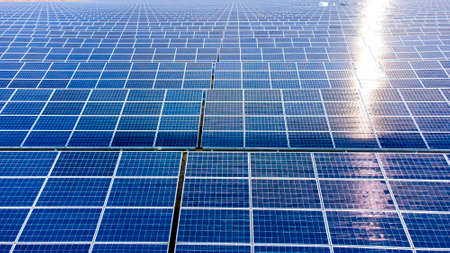 Aerial drone view flight over solar power station panels. Aerial top viewの写真素材