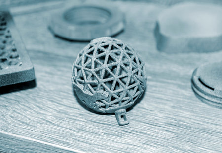 Gray abstract models printed on 3d printer from powder close-up.の写真素材