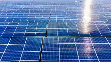 Aerial drone view flight over solar power station panels. Aerial top viewの写真素材