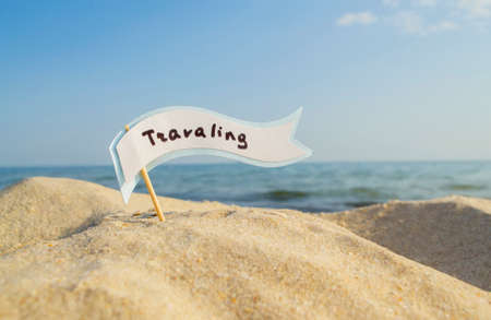 Empty blue white blank speech bubble on wooden stick on sandy sea beach close-upの写真素材
