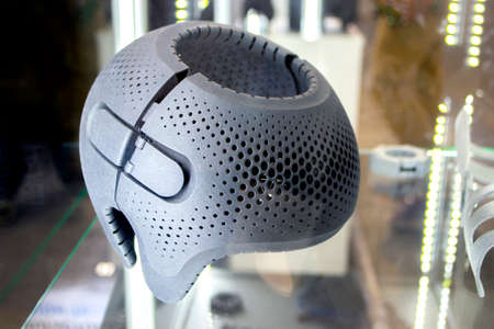 Gray orthopedic plastic prosthesis printed on powder 3D printer for head.の写真素材